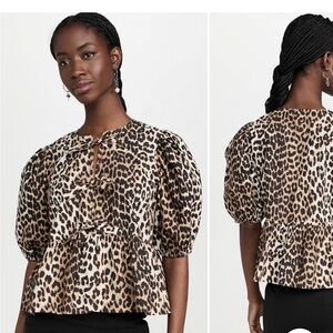 GANNI Leopard cotton poplin peplum blouse 40